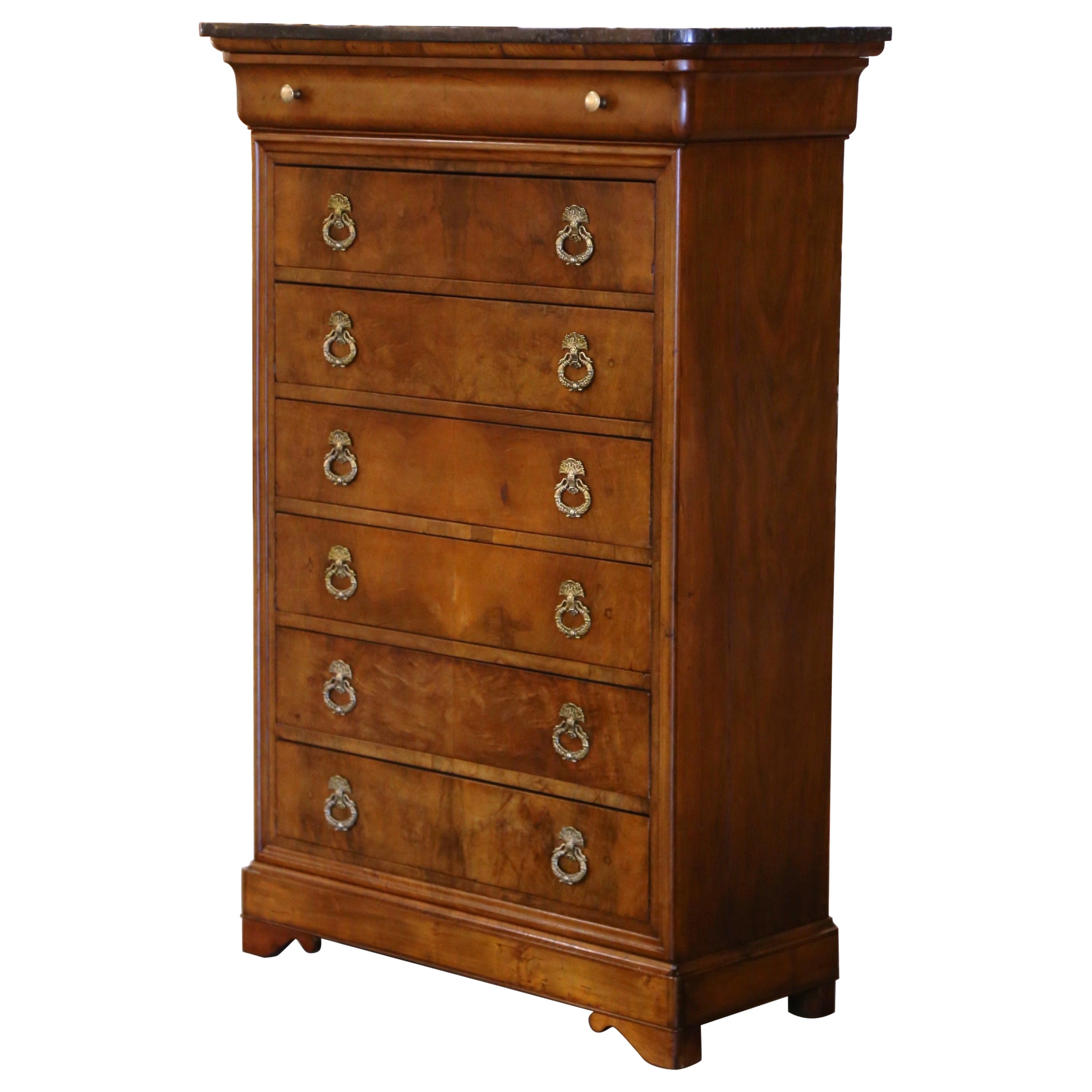 Cassettiera Semainier in noce con piano in marmo di Louis Philippe del XIX secolo
