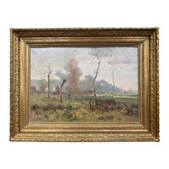 Peinture à l'huile française du 19ème siècle dans un cadre en bois doré signé E. Laval