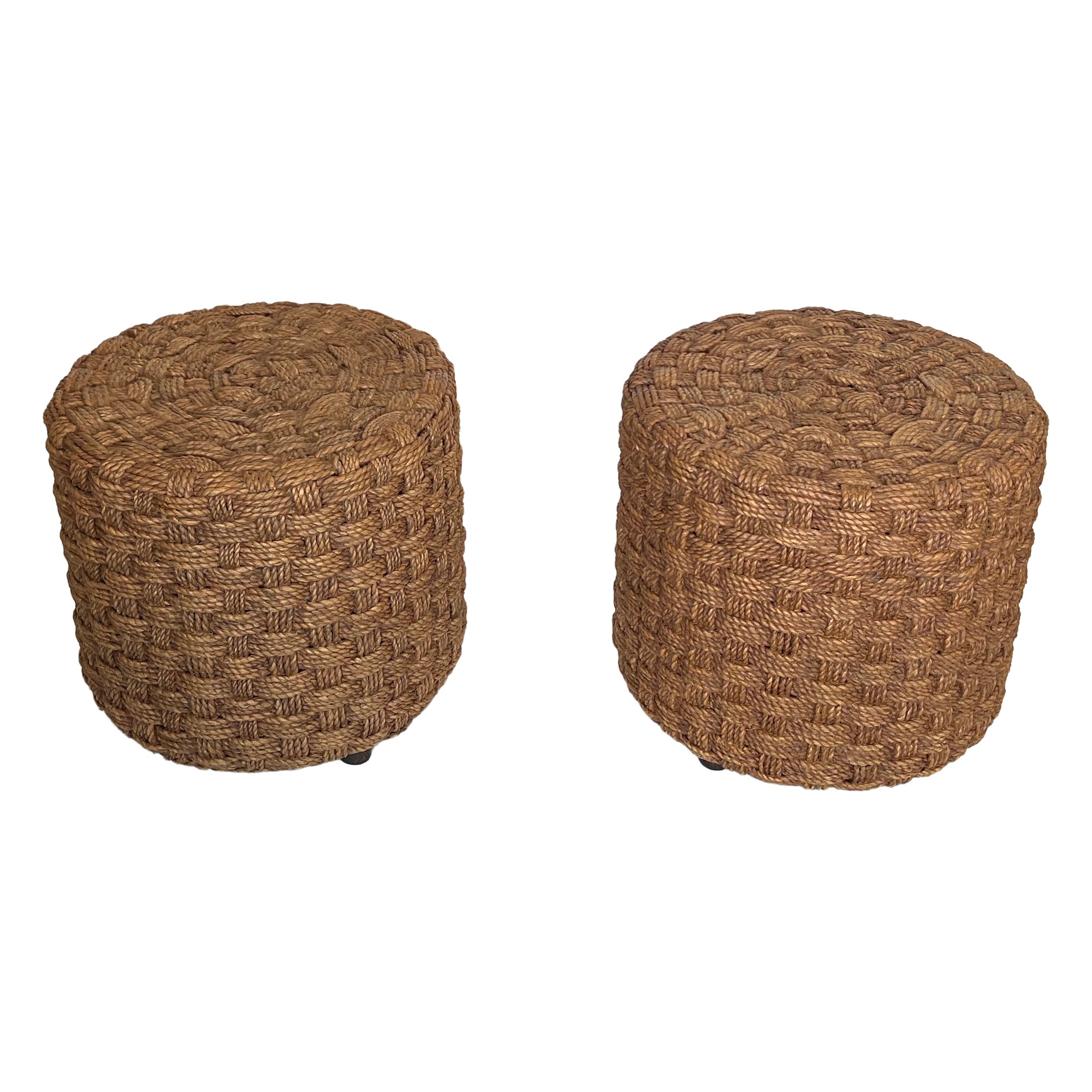 Pair of Rope Stools with Wooden Round Feet in the Style of Audoux-Minet