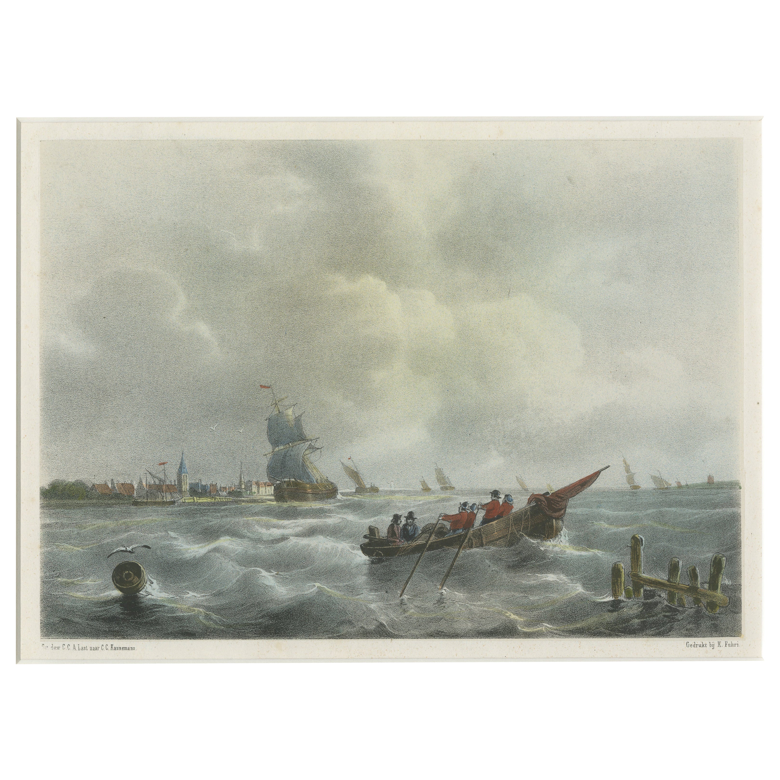 Scène maritime - Lithographie décorative de Carel Christiaan Antony Last, 1853