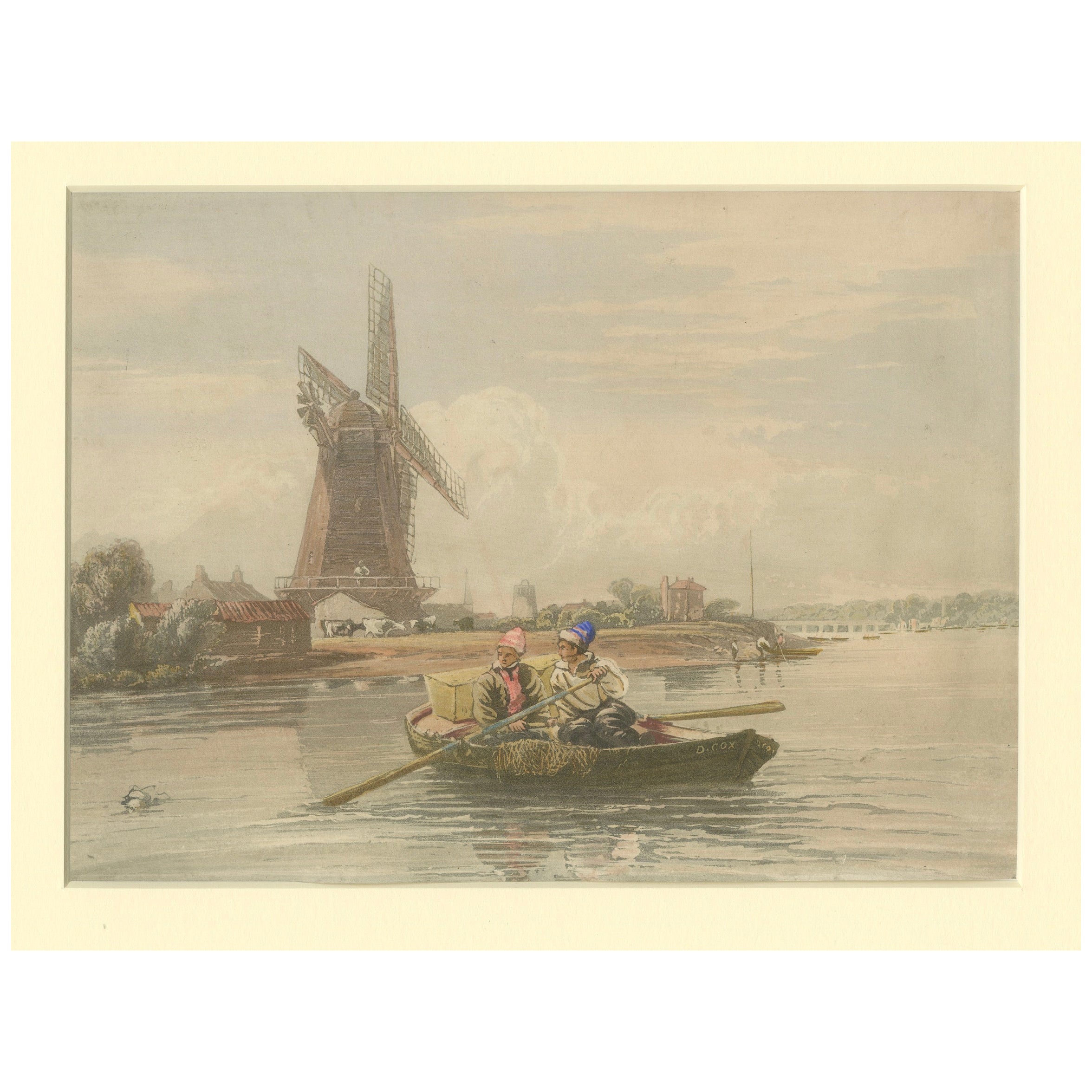Litografia colorata a mano di un paesaggio olandese con mulino a vento e barca a remi, 1850 ca.