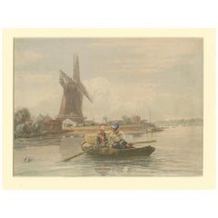 Litografia colorata a mano di un paesaggio olandese con mulino a vento e barca a remi, 1850 ca.