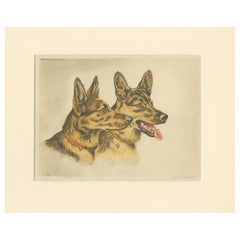 Portrait of Two German Shepherds – Hand-Colored Lithograph by Paul Wood, 1935