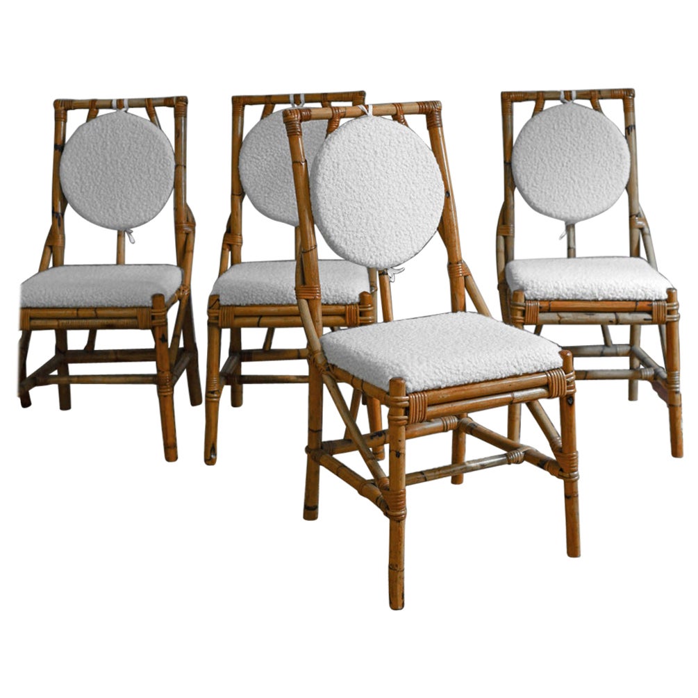 Set di 6 sedie in bambù con finitura Nature, complete di cuscini in tessuto Bouclé in vendita