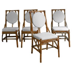 Vintage Set Of 6 Bamboo Chairs With Natural Finish, Complete With Bouclé Fabric Cushions
