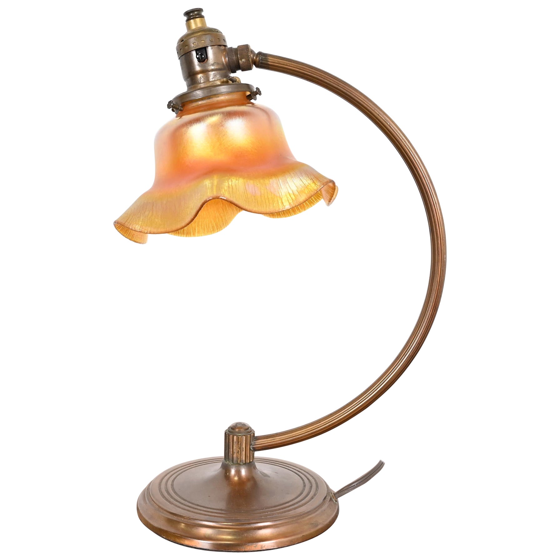 Antique Chase Art Deco Brass Desk Lamp With Quezal Favrile Art Glass Shade