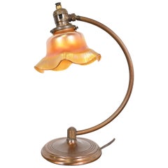 Antique Chase Art Deco Brass Desk Lamp With Quezal Favrile Art Glass Shade