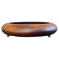 Large 1920s Art Deco Bowl Turned Walnut Wood & Brass Centerpiece, Germany
