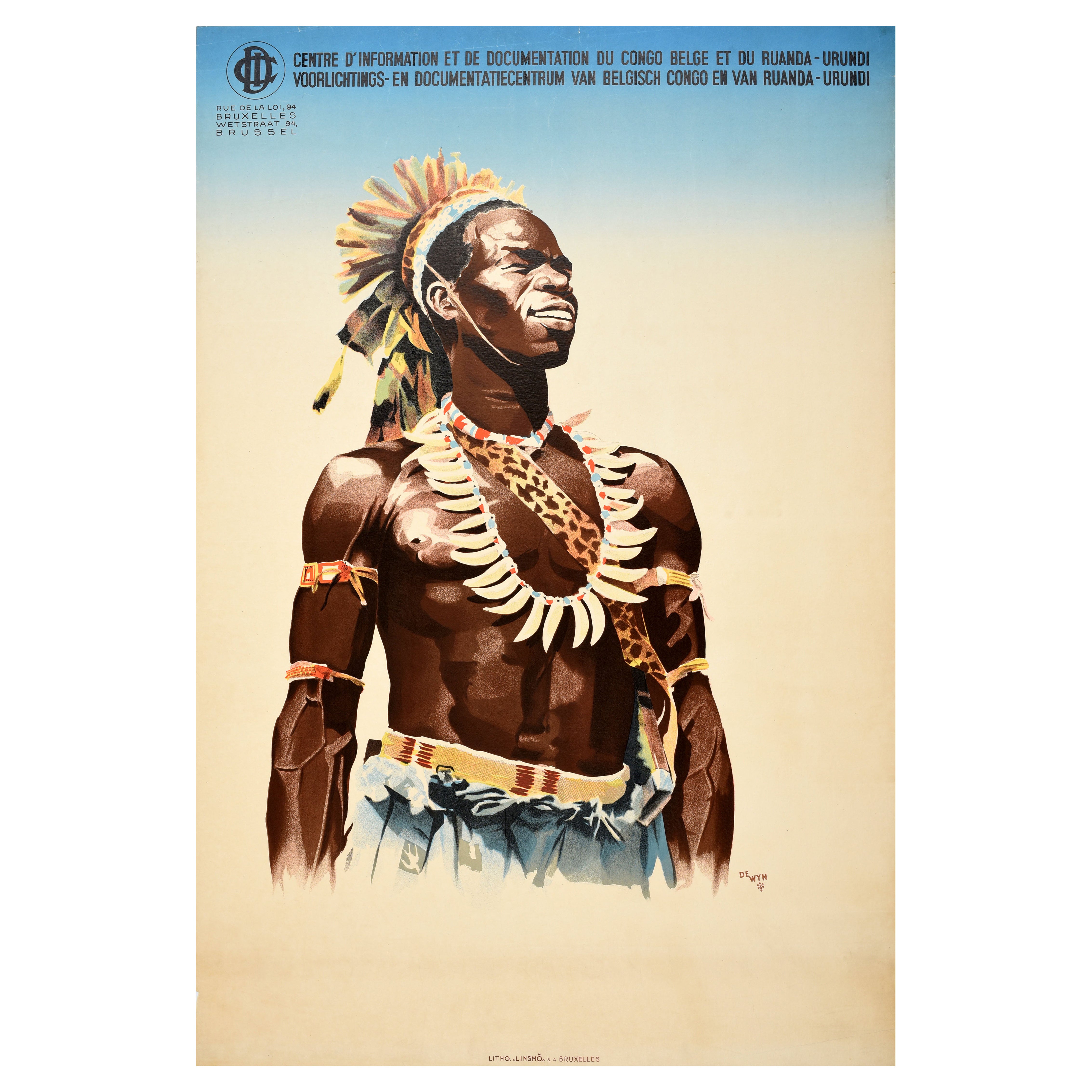 Original Vintage Africa Travel Poster Belgisch Kongo Ruanda Urundi Stammeskleid