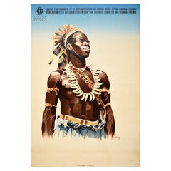 Poster di viaggio originale dell'Africa d'epoca Congo Belga Ruanda Urundi Abito tribale