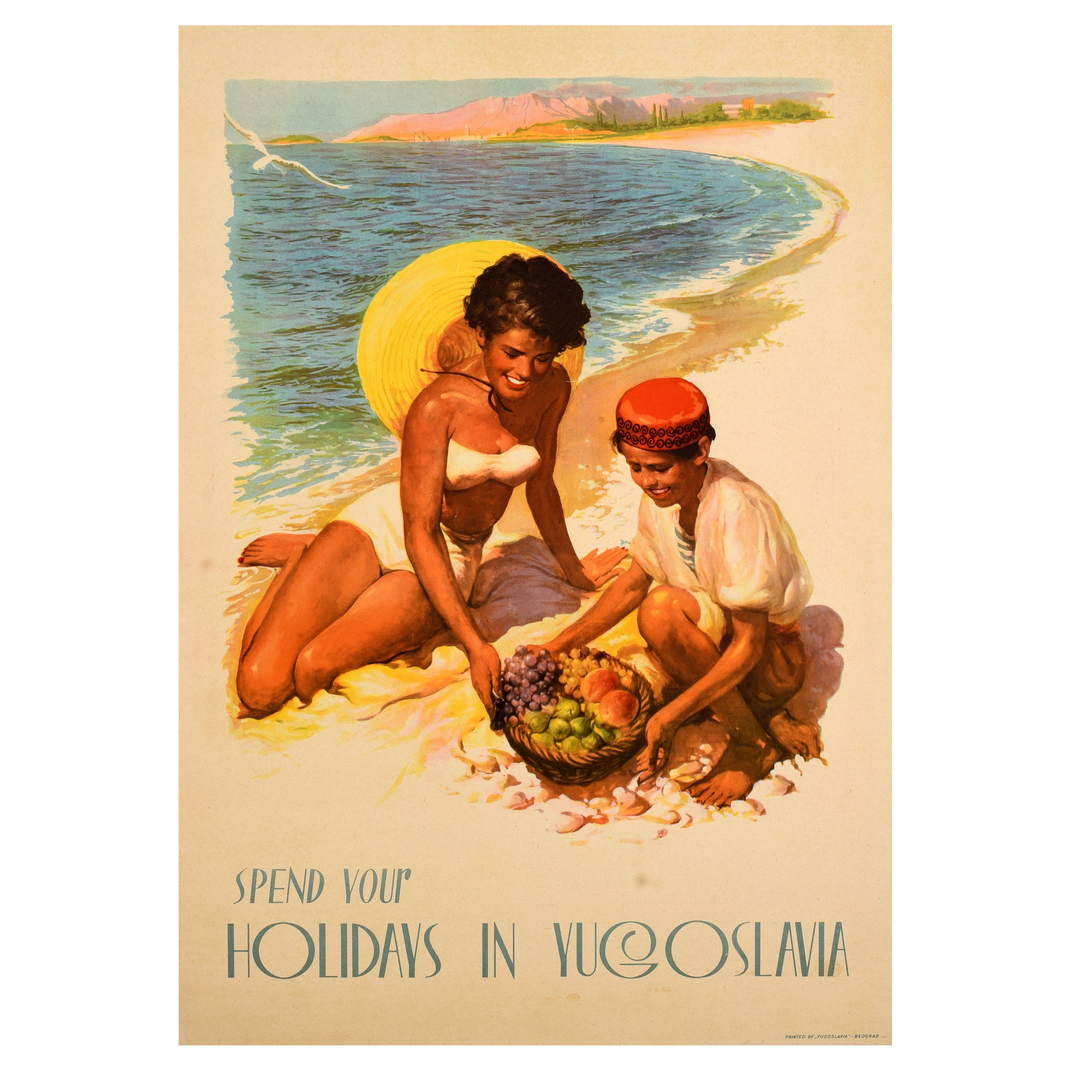 Poster di viaggio estivo originale d'epoca Vacanze in Jugoslavia Spiaggia Mare Adriatico in vendita
