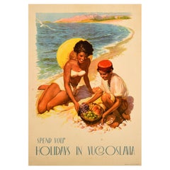 Original Vintage Summer Travel Poster Holidays Yugoslavia Beach Adriatic Sea