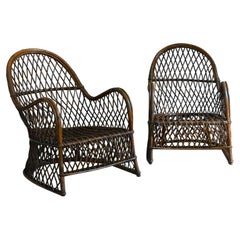Pair Of Dark-Finish Curved And Woven Bamboo Armchairs, Attributed To Gervasoni