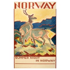 Póster de viaje original vintage Escandinavia Noche de verano en Noruega Ciervo G Jynge