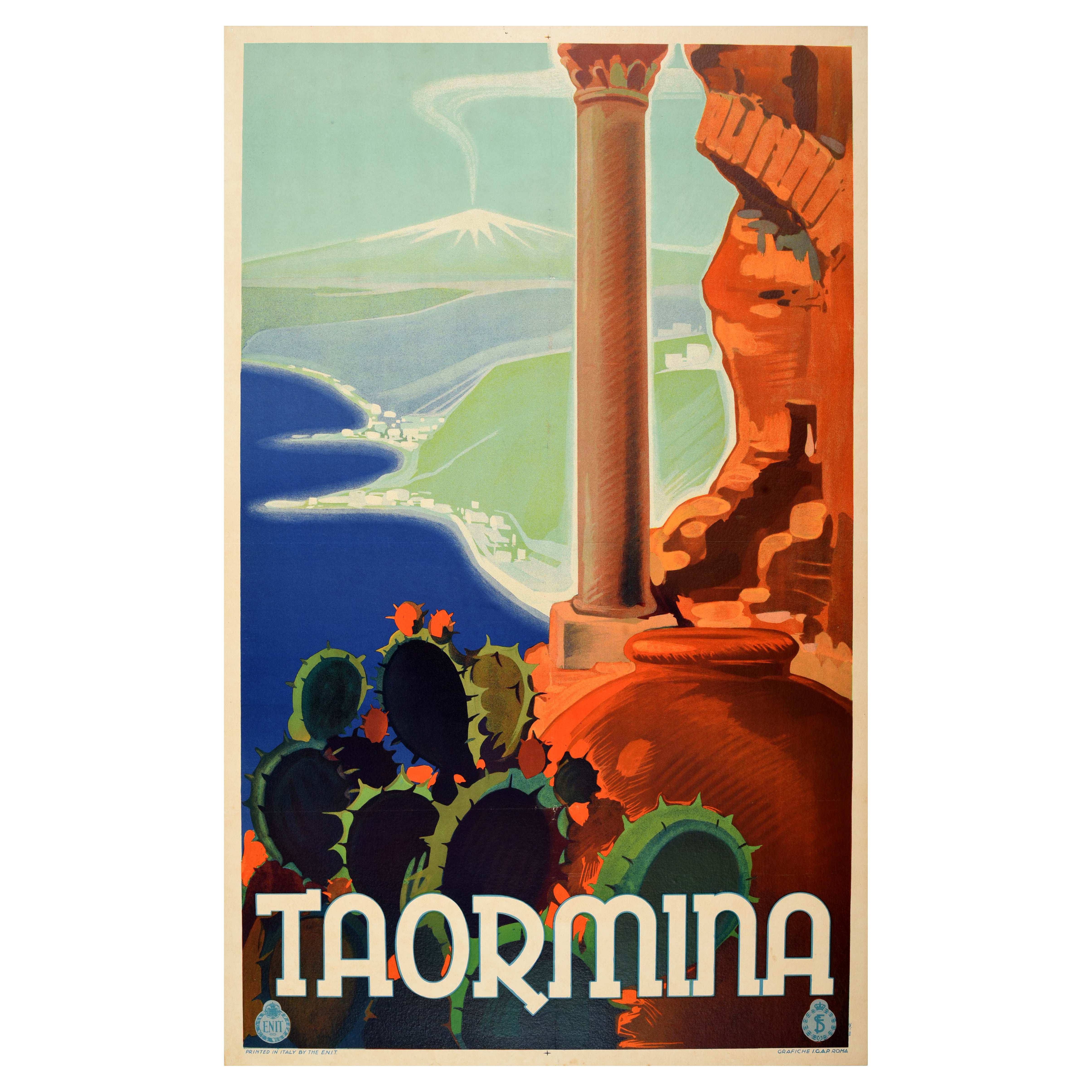 Affiche vintage originale de voyage Taormina Sicile ENIT Italie Mont Etna V Grassi