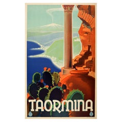 Affiche vintage originale de voyage Taormina Sicile ENIT Italie Mont Etna V Grassi