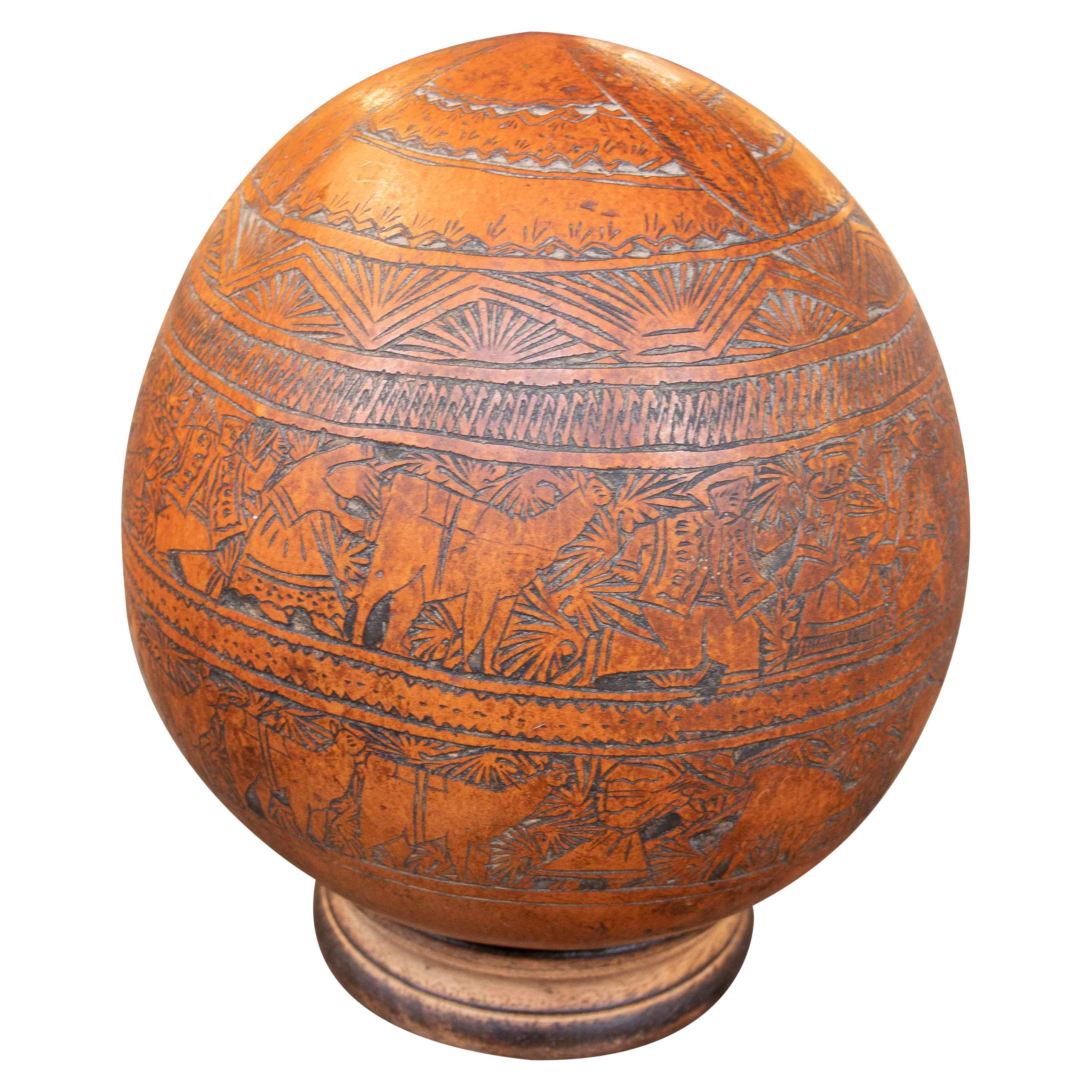 1875s Carved Coconut with Wooden Support & Geometrical Decoration