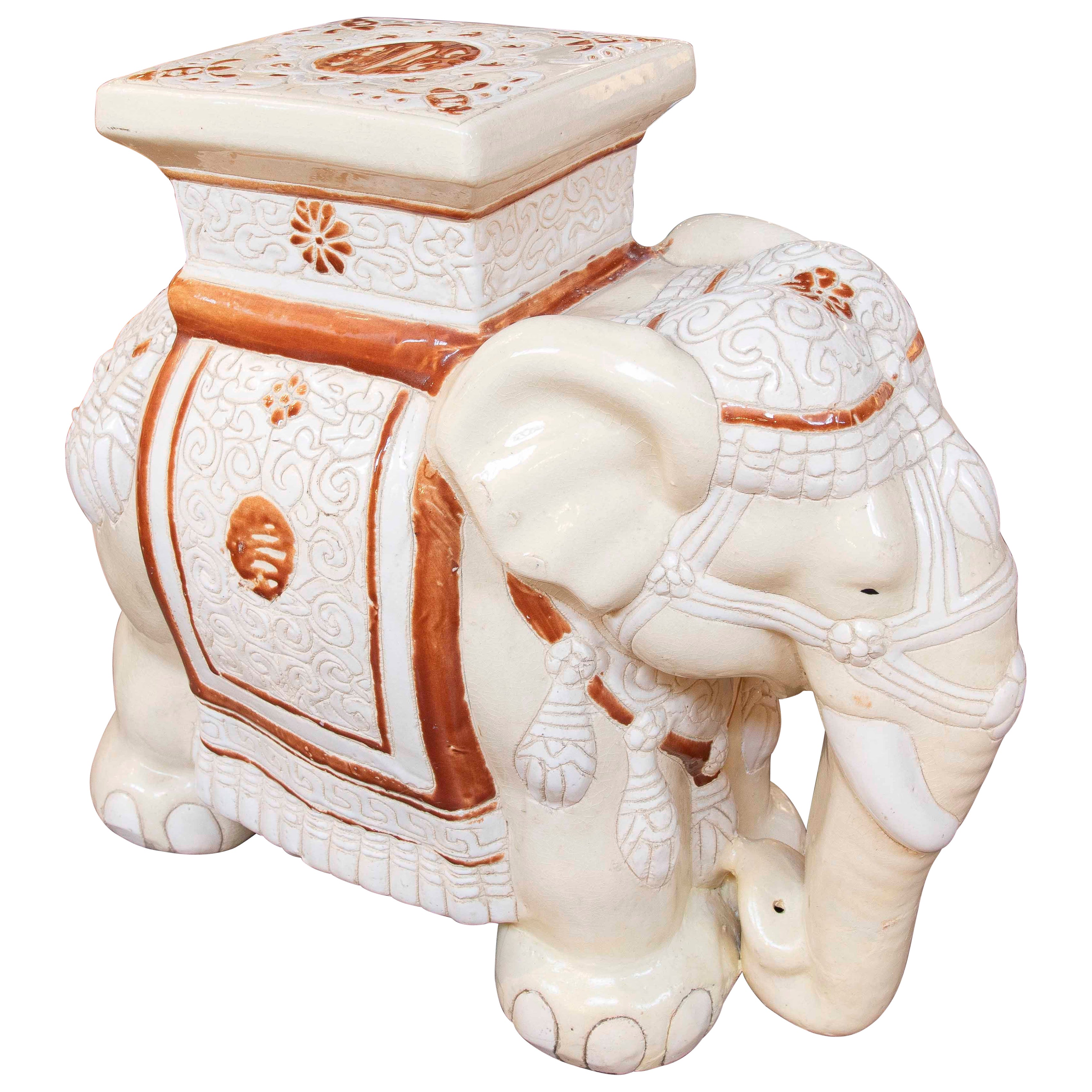 1970s Glazed Ceramic Elephant Side Table with Ornamental Design