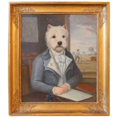 1970s Picturesque Portrait by Th. Poncelet: Anthropomorphized Dog Framed in Gold