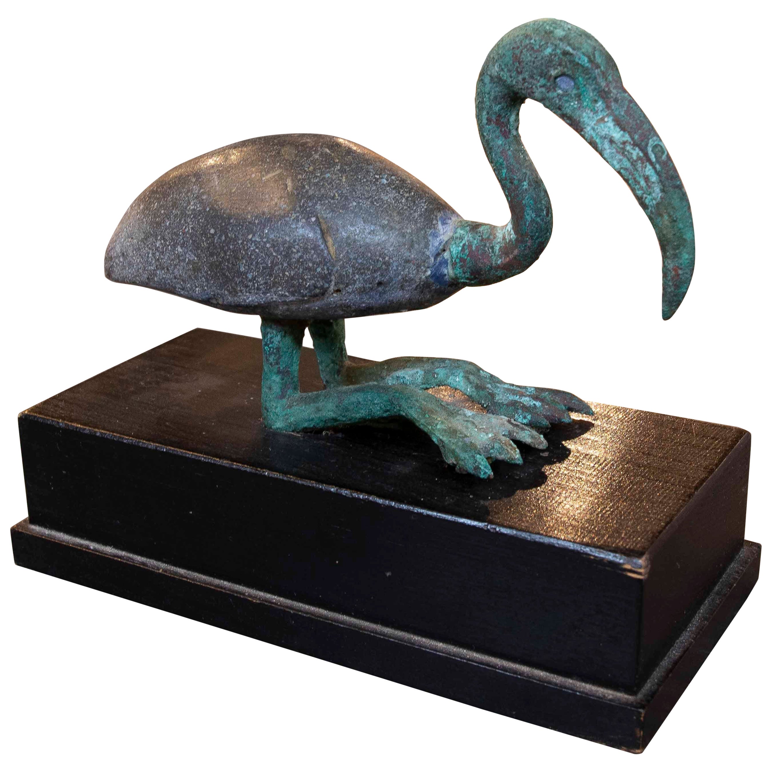 1950s Bronze Ibis Figure with Stone Torso on Wooden Base
