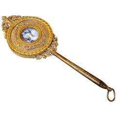 1870s Hand Mirror with Decorated Golden Frame & Central Miniature, Baroque Style