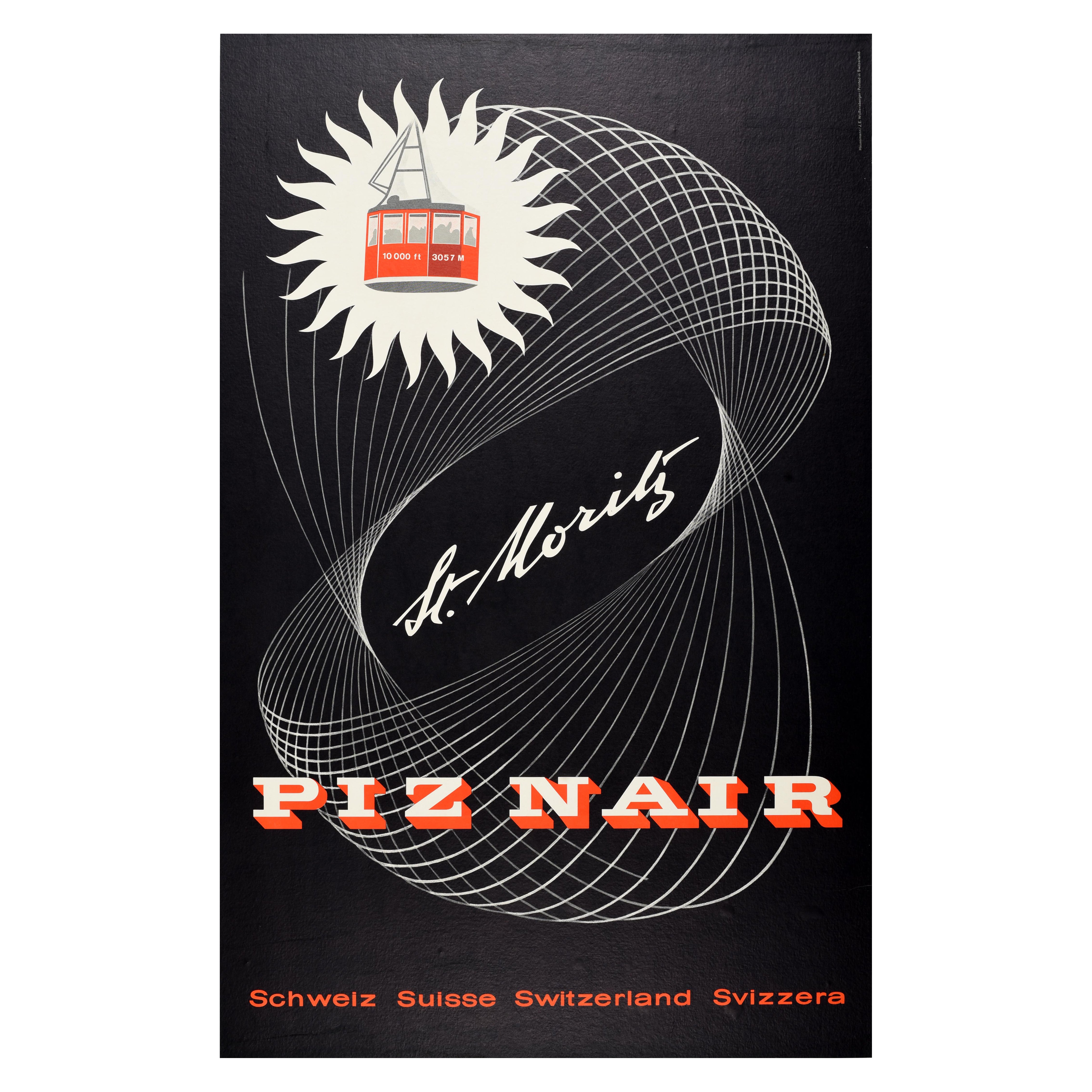Poster da viaggio originale d'epoca per lo sci St Moritz Piz Nair Hausamann Modernist Design in vendita