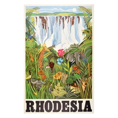 Original Vintage Africa Travel Poster Rhodesia Zimbabwe Victoria Falls Jungle