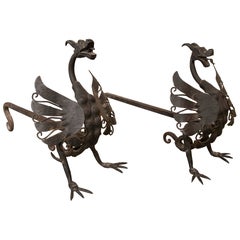 Musical Note Wrought Iron Andirons Stamped Nashville TN, 1920's Musical Note Wrought Iron Andirons Stamped Nashville TN, 1920's