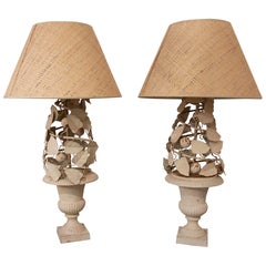 1980s Pair of Iron Table Lamps with Decorative Bases and Woven Lampshades