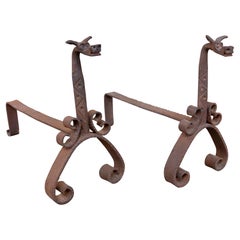1920s Pair of Wrought Iron Morels with Dragon Heads