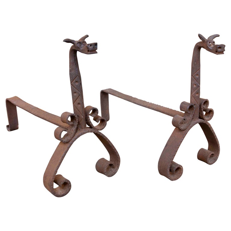 Musical Note Wrought Iron Andirons Stamped Nashville TN, 1920's Musical Note Wrought Iron Andirons Stamped Nashville TN, 1920's