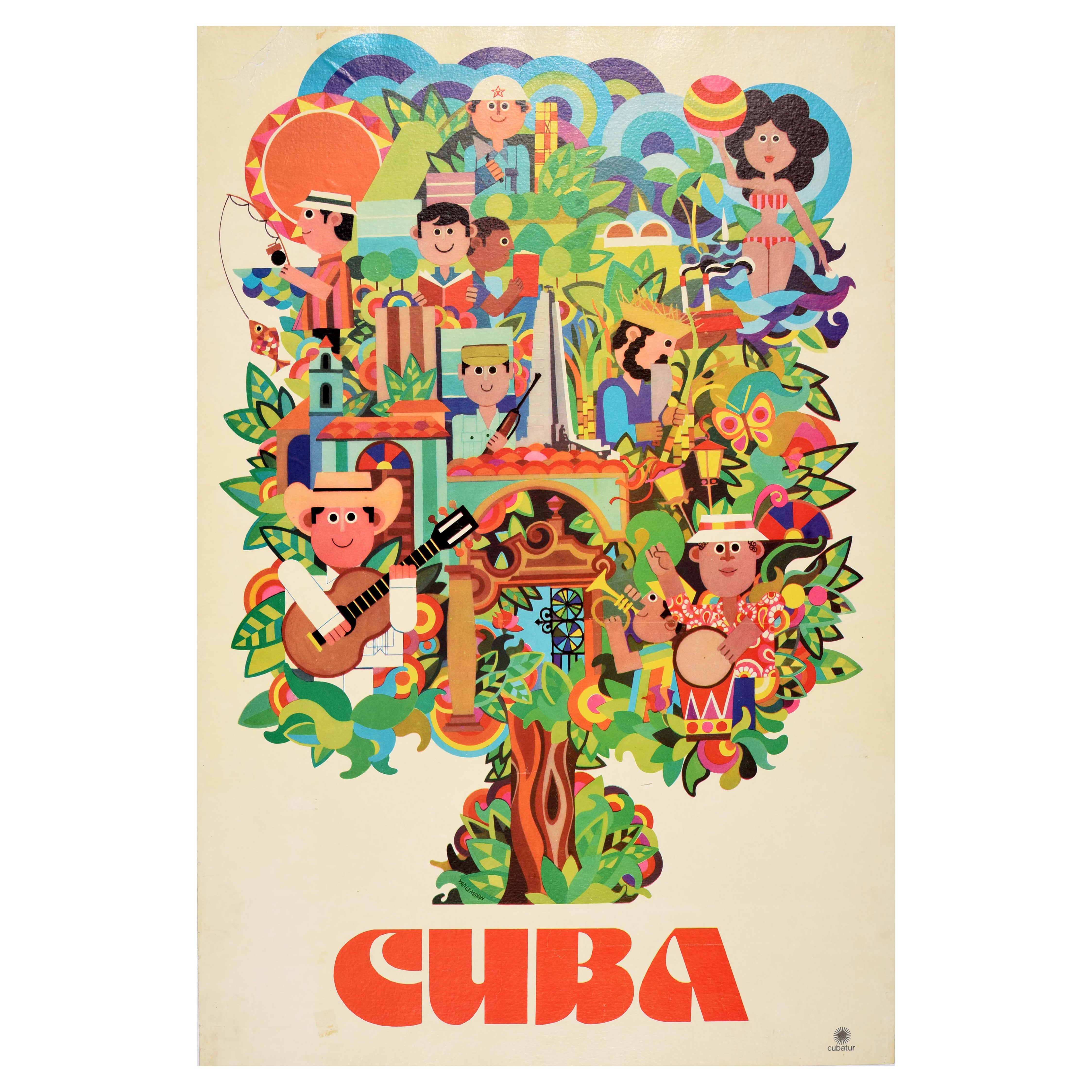 Affiche vintage originale de voyage Cuba, Music Tourism Cubatur Caribbean Sea