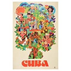Poster di viaggio originale d'epoca Cuba Albero Musica Turismo Cubatur Mar dei Caraibi