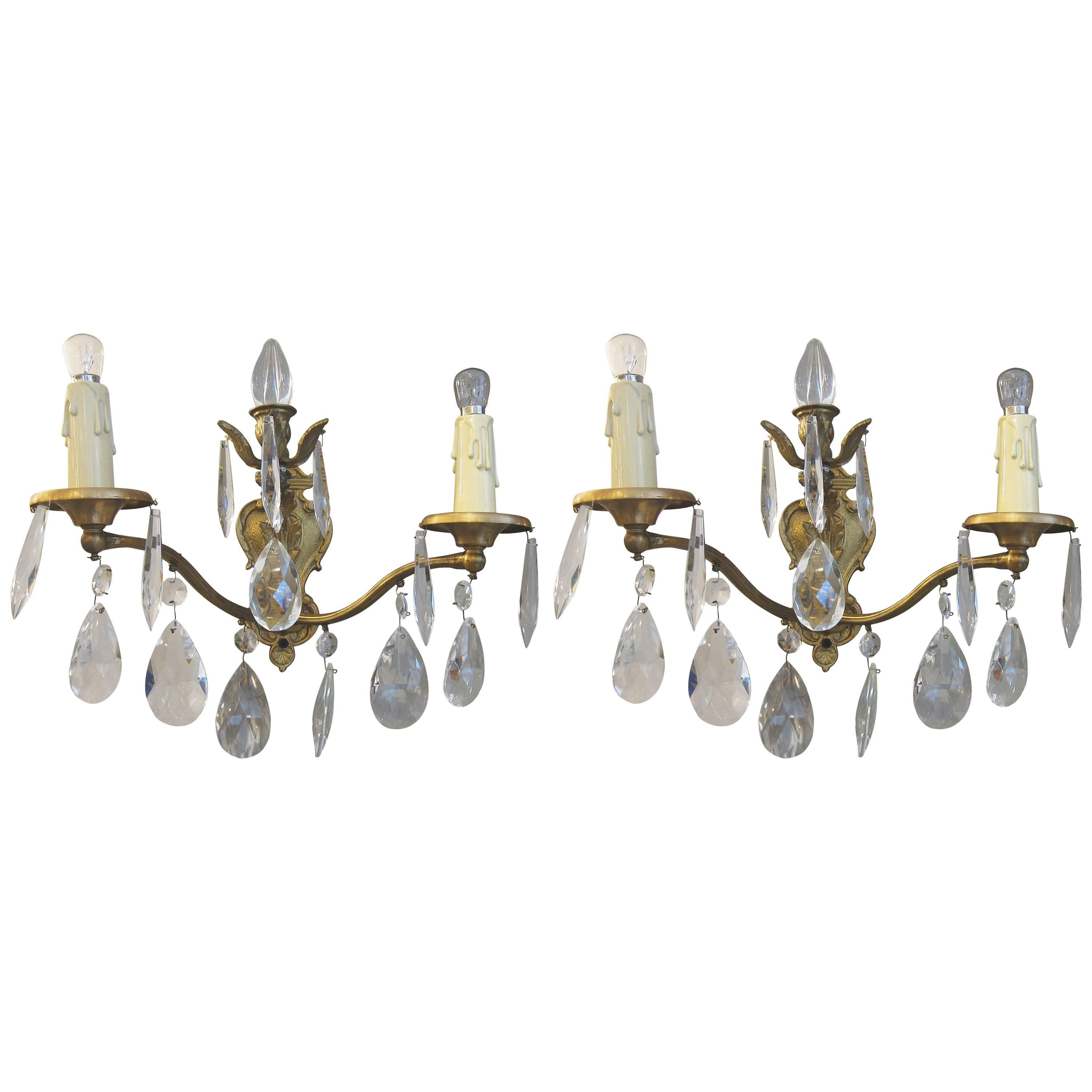 1920s Pair of Gold Gilt French Classical Style Crystal Sconces