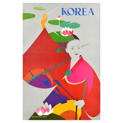 Original Vintage Asia Travel Poster Corea Hanbok Traje Tradicional Nenúfar