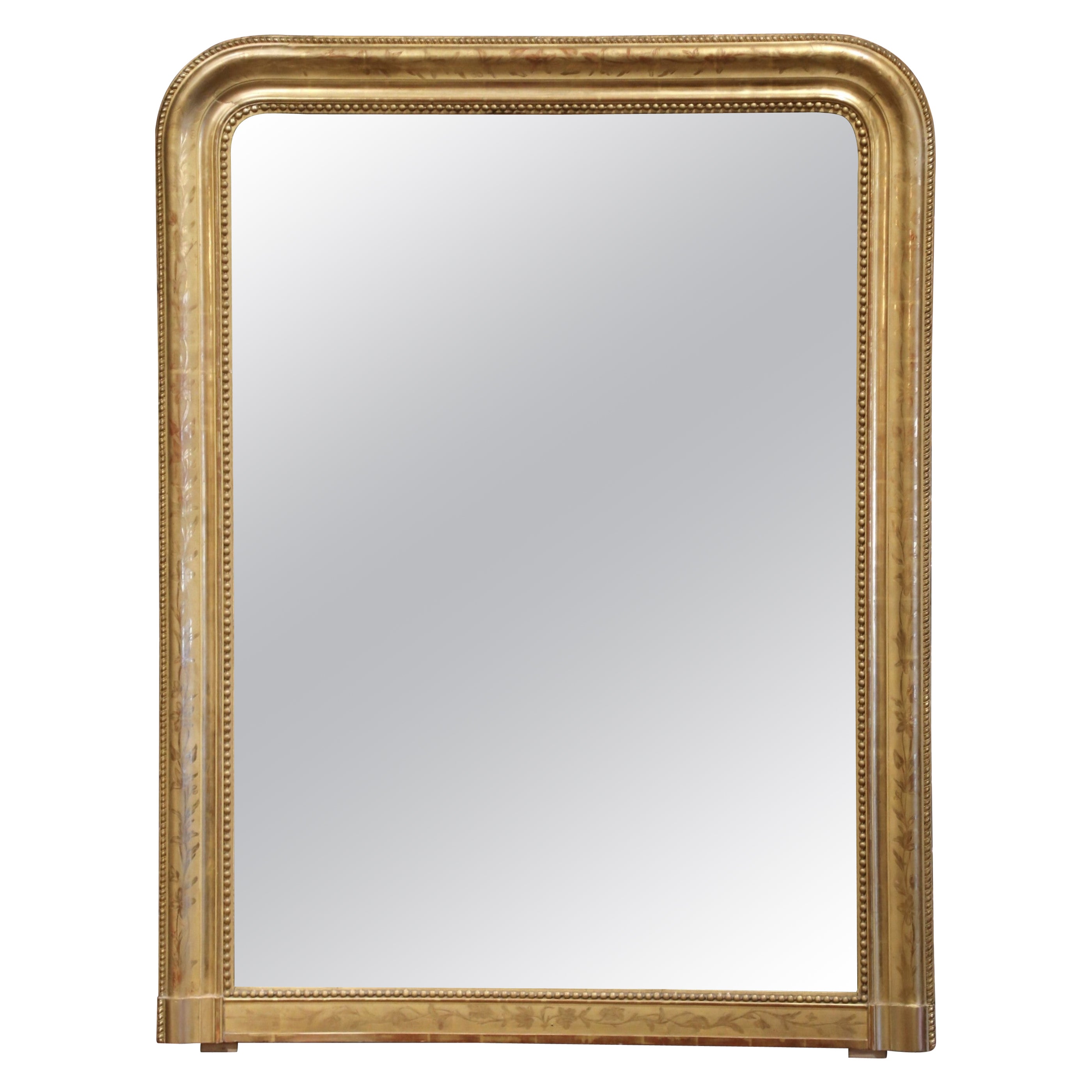 19th Century French Louis Philippe Carved Giltwood Mantel Mirror with Engraving