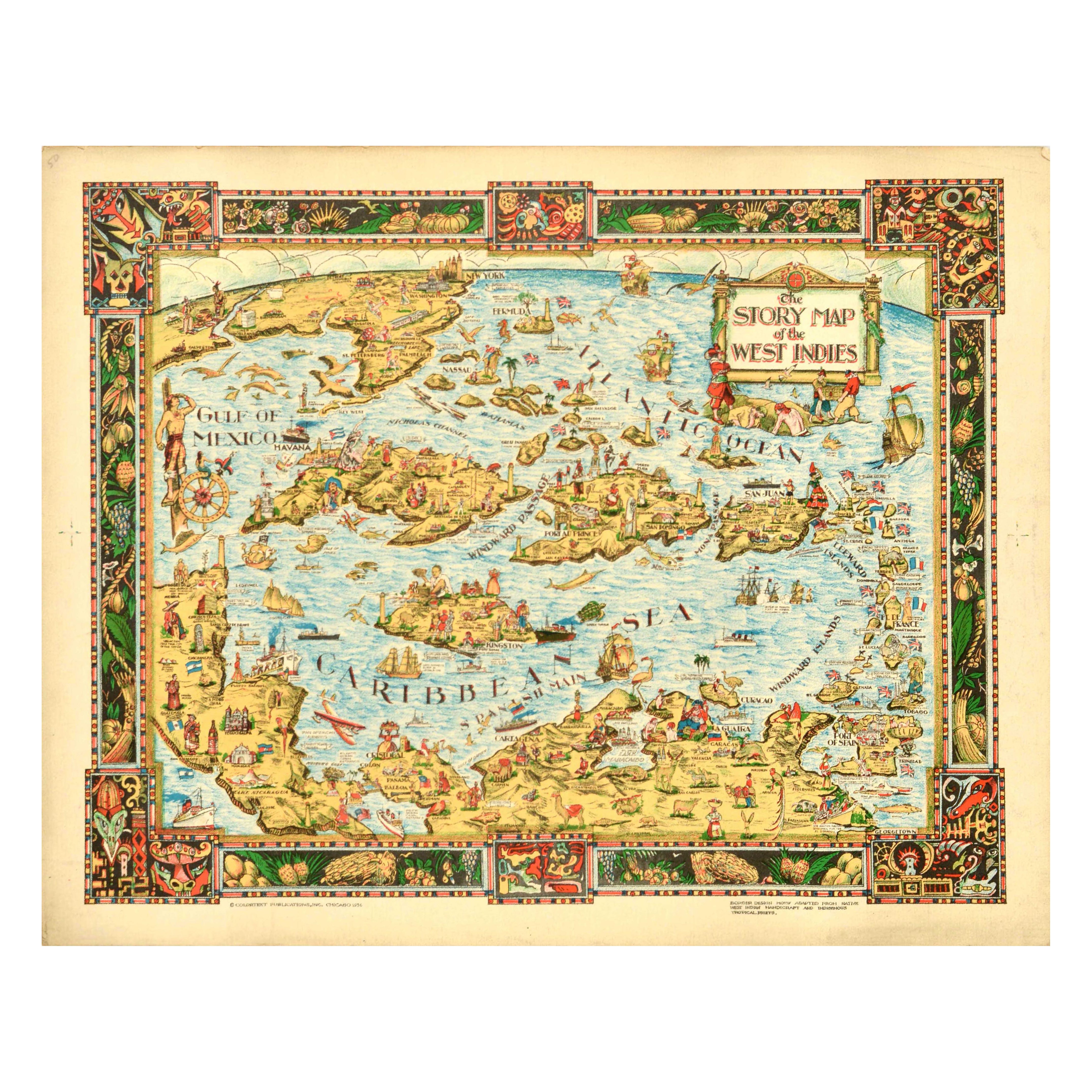 Póster Original Vintage El Mapa De La Historia De Las Indias Occidentales Motivo Artesanal Nativo