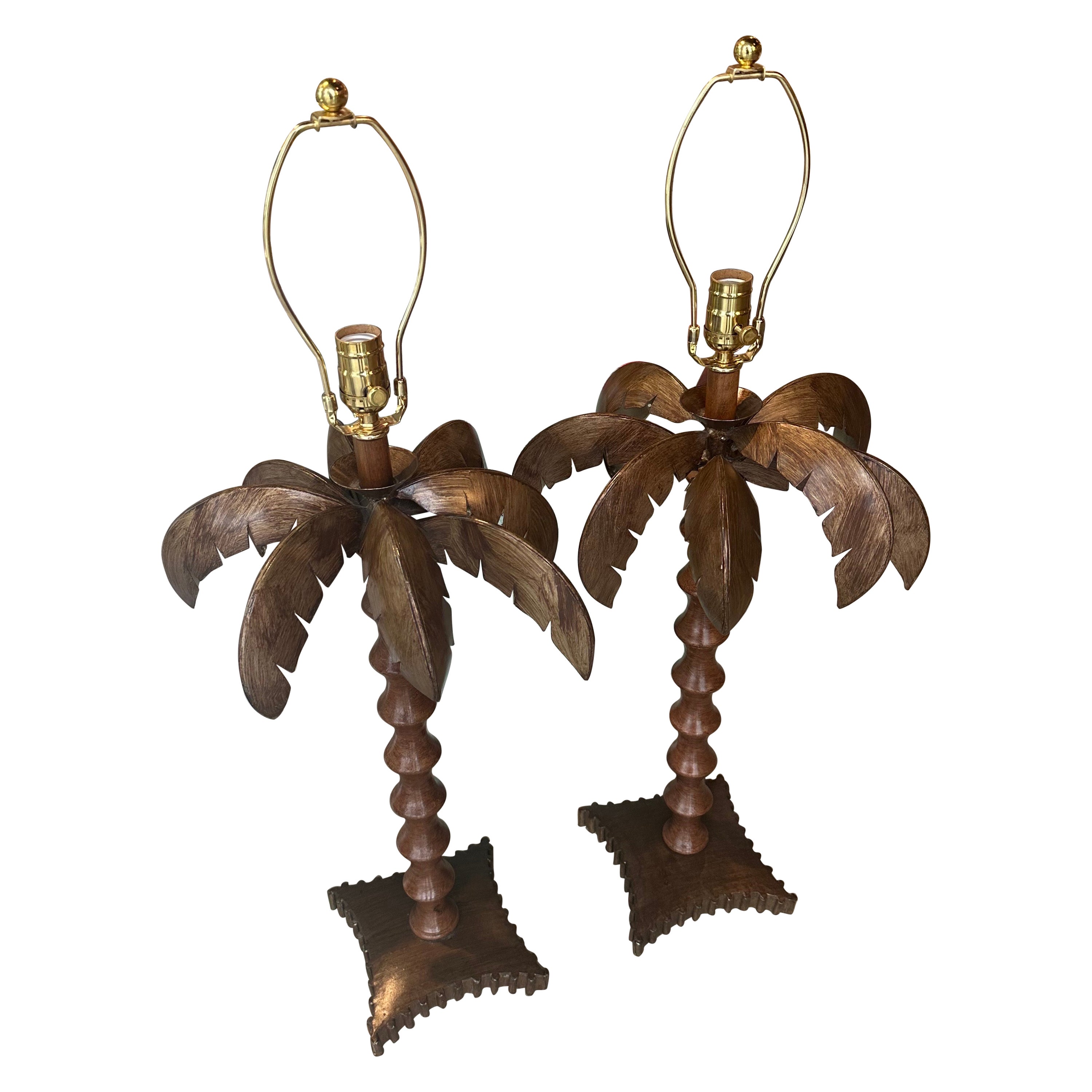 Vintage Pair of Tropical Beach Palm Tree Leaf Frond Table Lamps Newly Wired