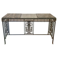 Antique Mizner Style Wrought Iron, Brass & Marble Console Table, Circa 1920-1930