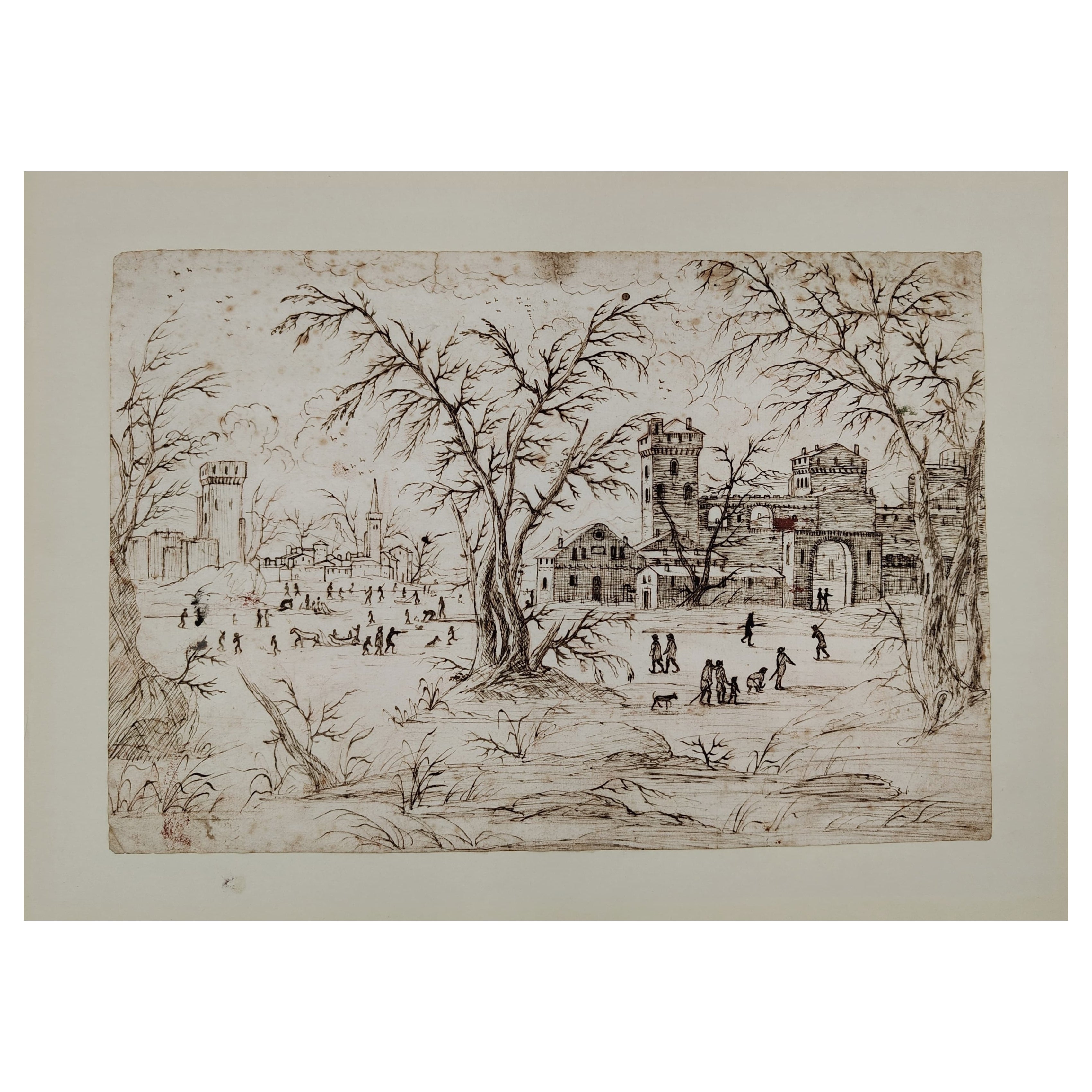 Disegno a china di un paesaggio olandese - 1680, Olanda in vendita