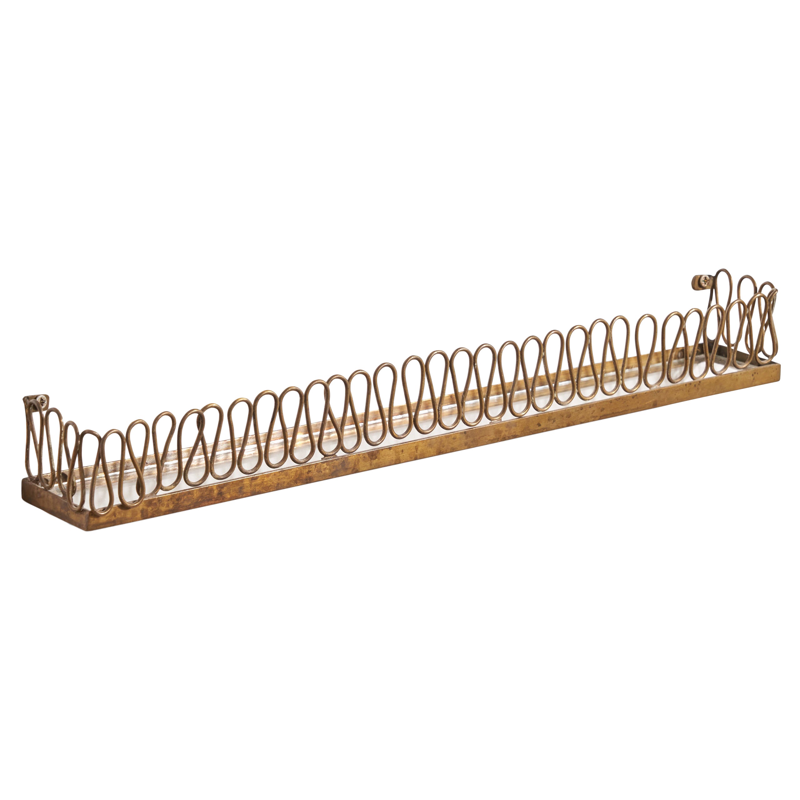 Diseñador italiano, Pequeña estantería de pared, Latón, Cristal, Italia, Años 30
