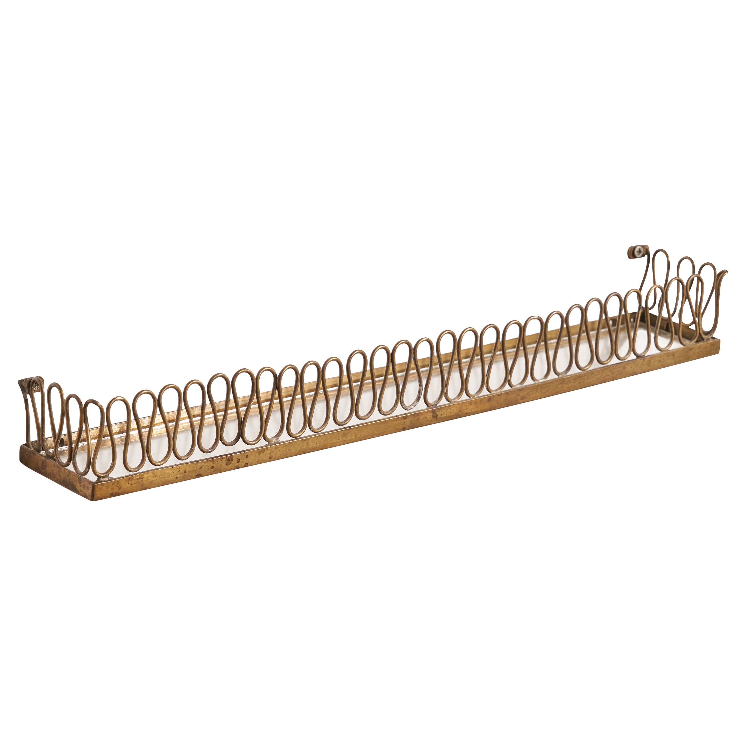 Diseñador italiano, Pequeña estantería de pared, Latón, Cristal, Italia, Años 30
