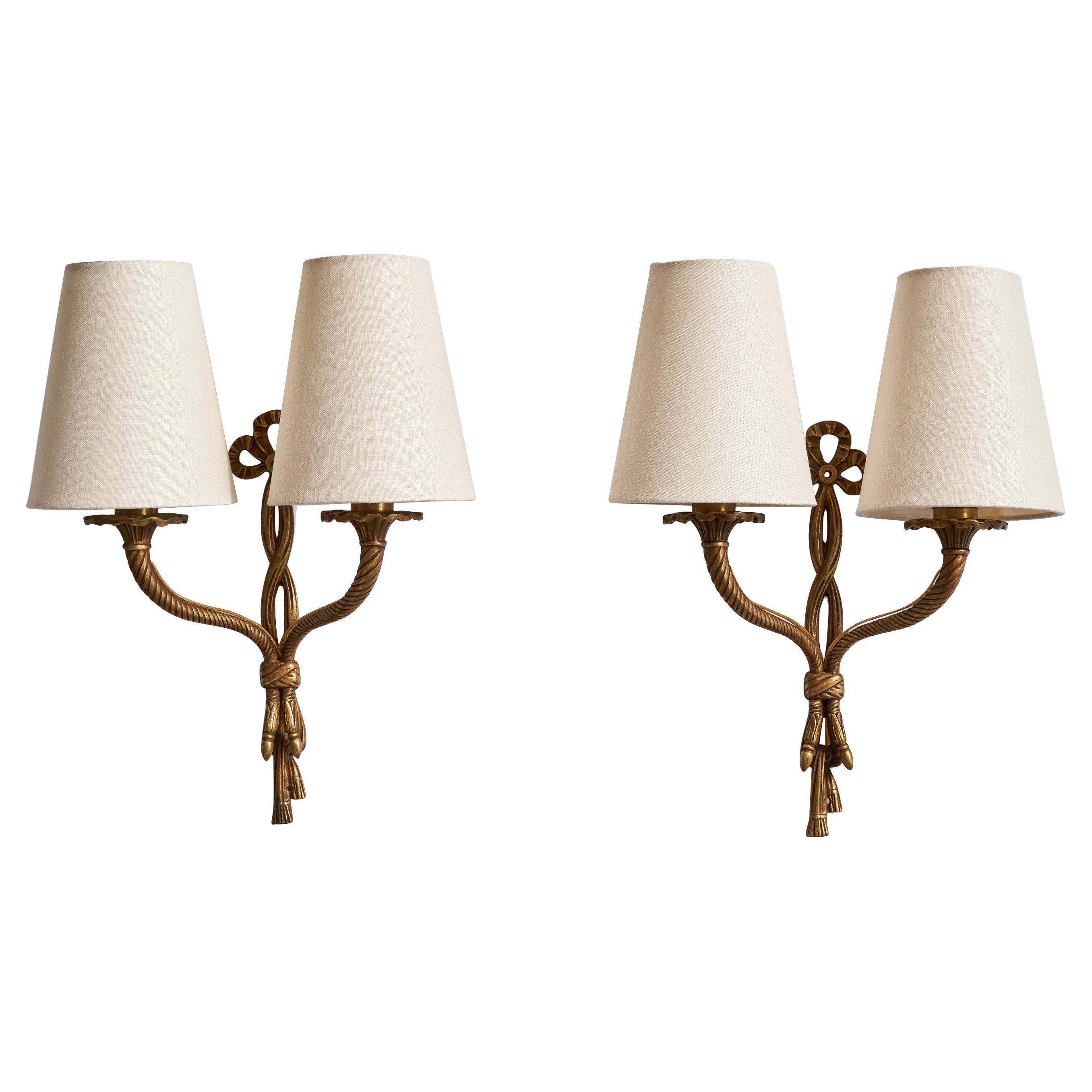 French Designer, Wall Lights, Brass, Fabric, France, 1940s