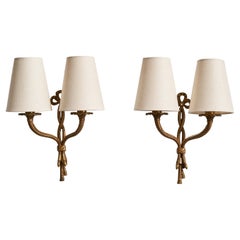French Designer, Wall Lights, Brass, Fabric, France, 1940s