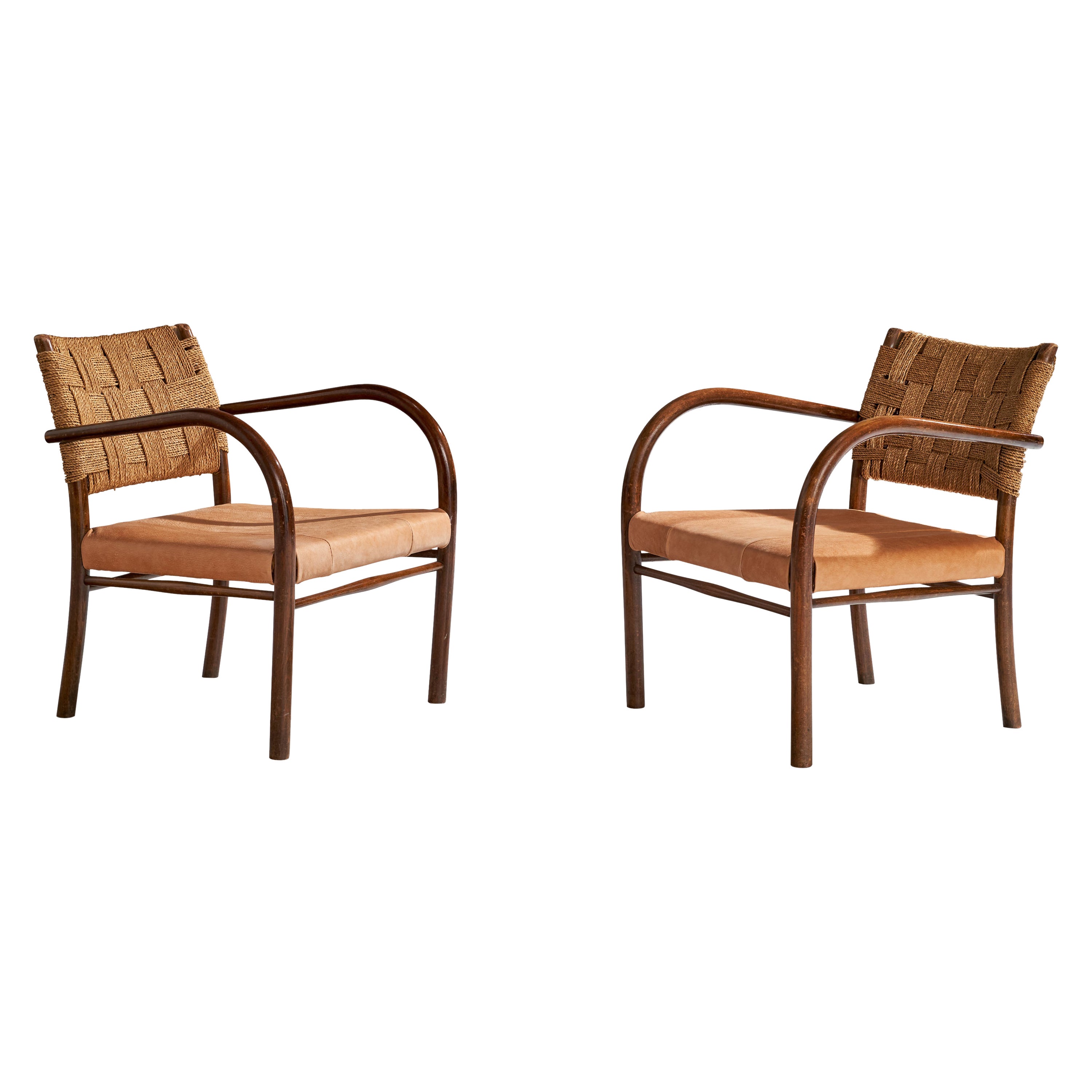 Frits Schlegel, Lounge Chairs, Beech, Sea Grass Cord, Leather, Denmark, 1930s