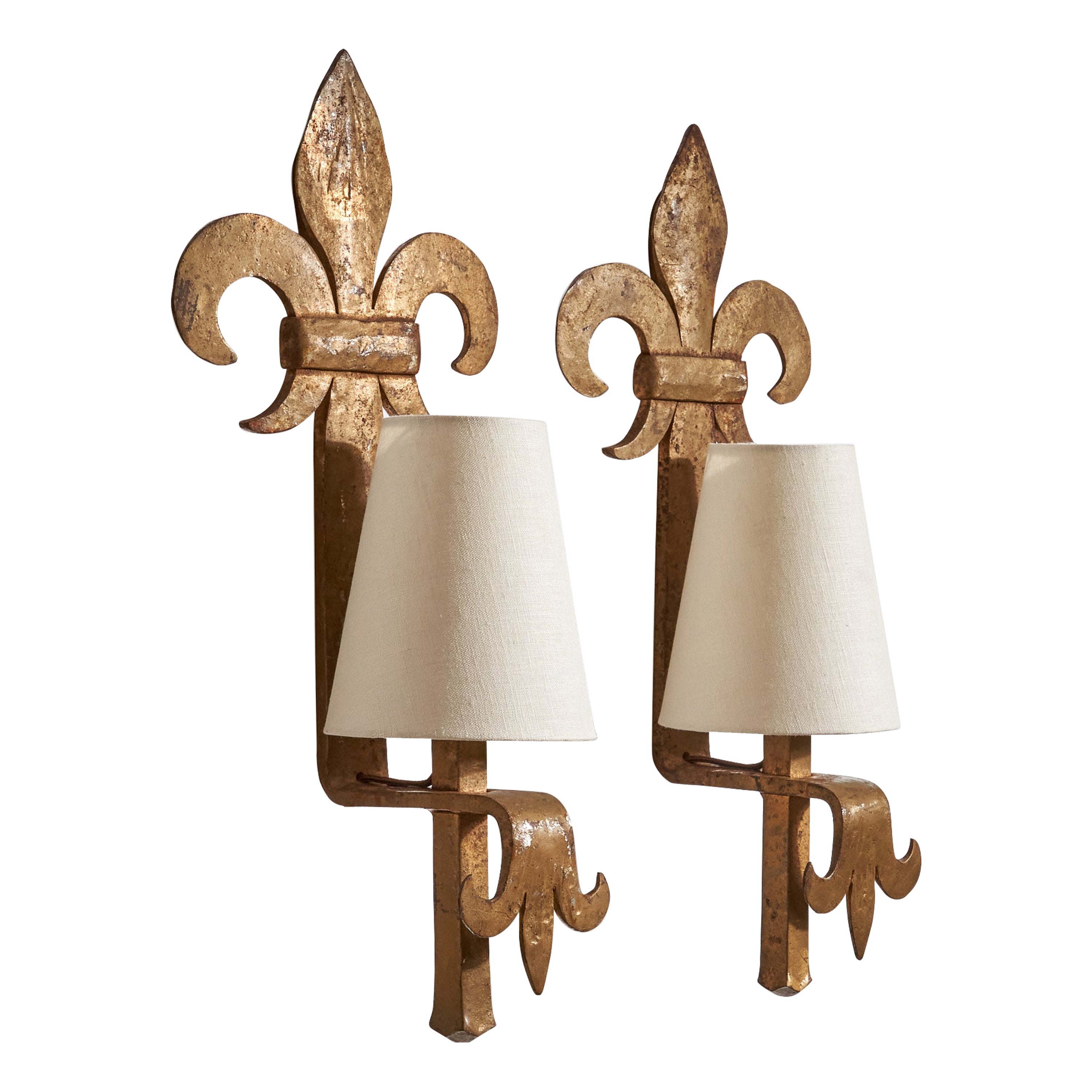 French Designer, Wall Lights, Iron, Fabric, France, 1940s