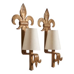 French Designer, Wall Lights, Iron, Fabric, France, 1940s
