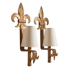 French Designer, Wall Lights, Iron, Fabric, France, 1940s