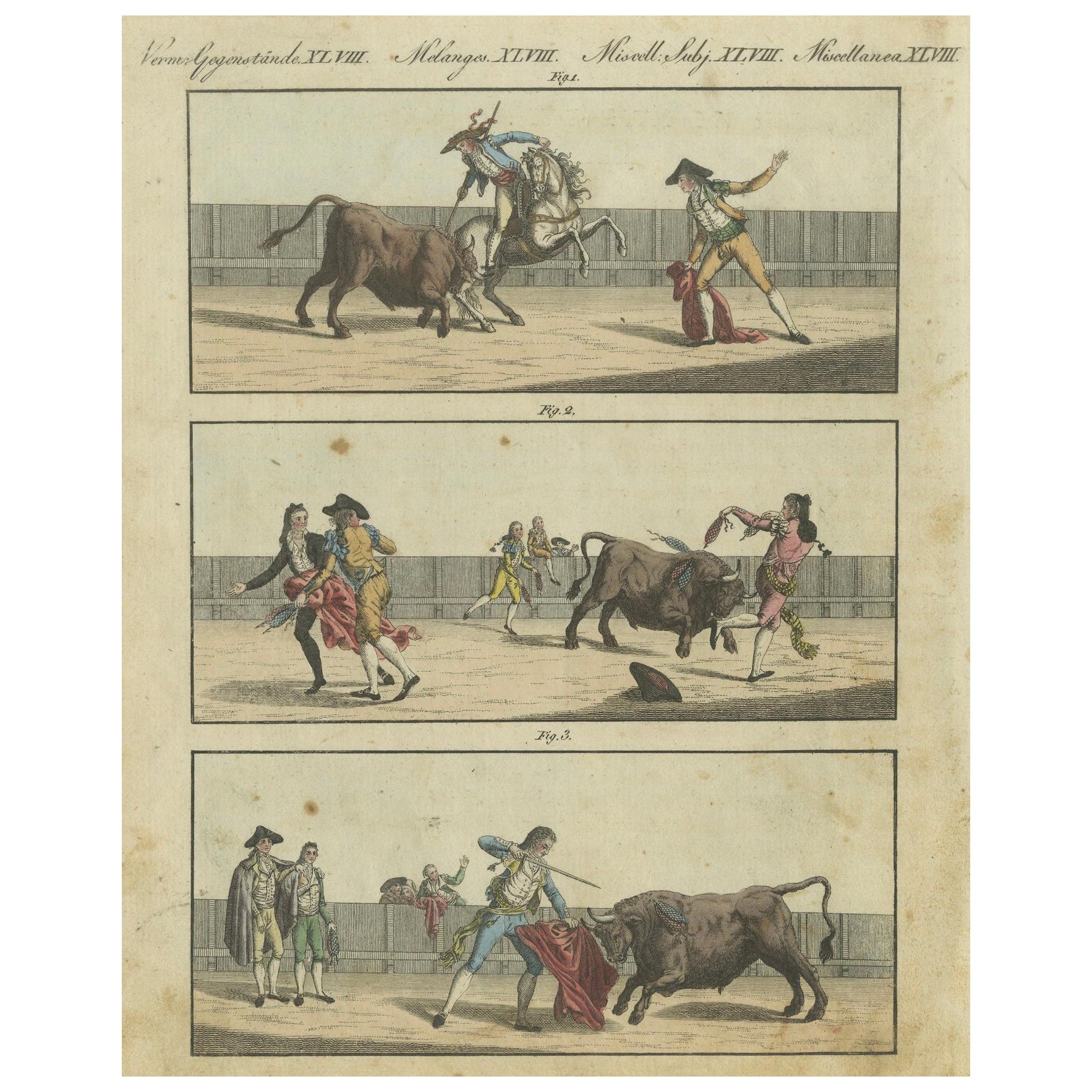 19th-Century Hand-Colored Engraving Depicting Traditional Bullfighting Scenes