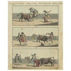 Antique 19th-Century Hand-Colored Engraving Depicting Traditional Bullfighting Scenes
